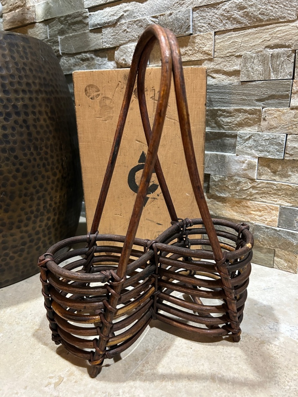 Vintage Woven Double Wine Bottle Basket - Dark Brown Rattan